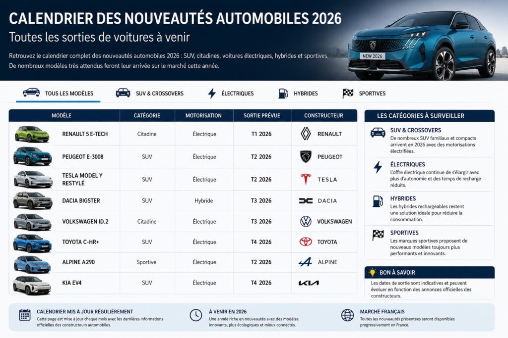 Calendrier des nouveautés automobiles 2026 présentant les nouvelles voitures, SUV, modèles électriques et hybrides attendus en France