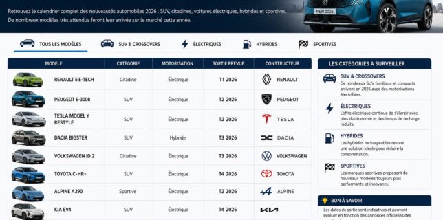 Calendrier des nouveautés automobiles 2026 présentant les nouvelles voitures, SUV, modèles électriques et hybrides attendus en France.