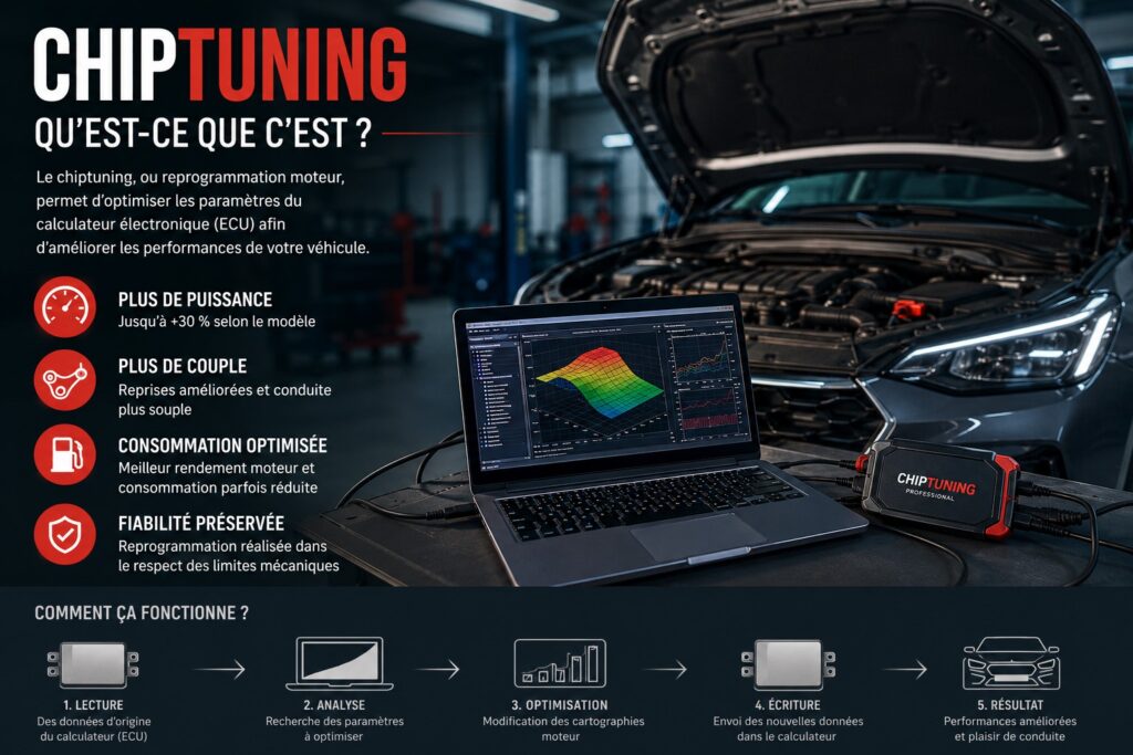 Technicien réalisant une opération de chiptuning et de reprogrammation moteur sur un véhicule connecté à un ordinateur de diagnostic