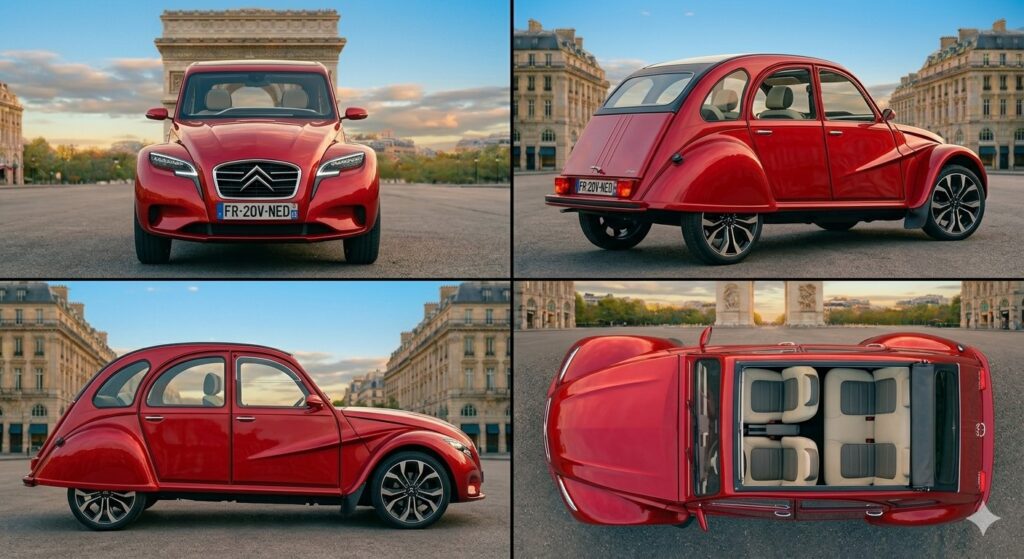 Planche de style technique en quatre vues du concept-car Citroën 2CV moderne, présentant les designs de face, de profil, de dos et de dessus.