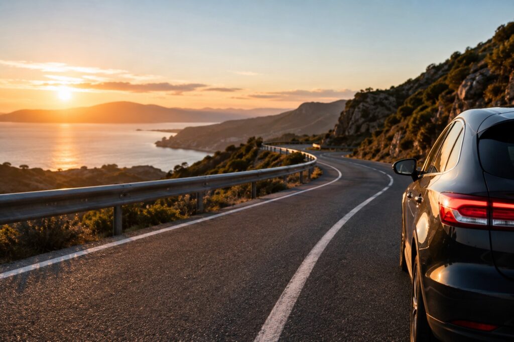 Voiture moderne roulant sur une route côtière sinueuse au coucher du soleil, paysage automobile cinématique et indépendant