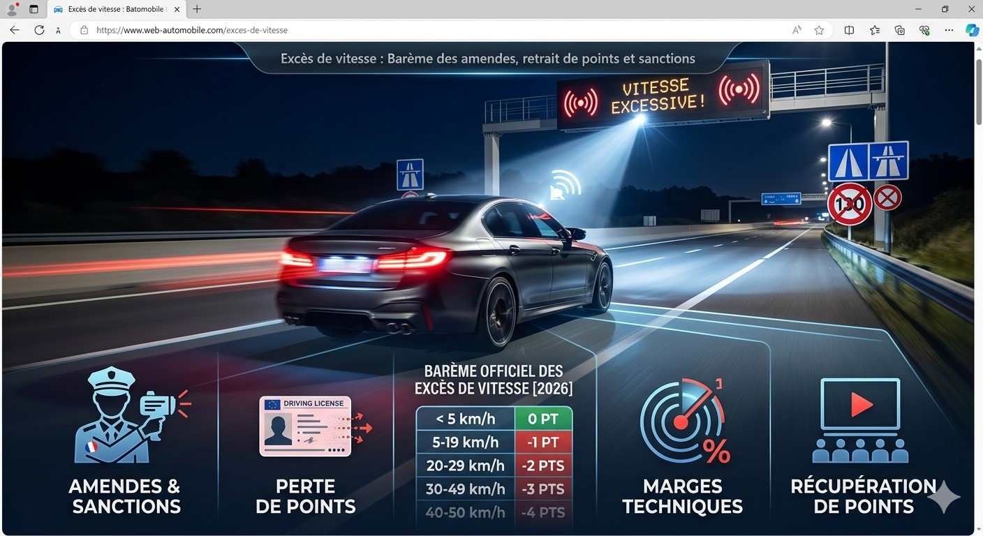 Infographie récapitulative du barème officiel des excès de vitesse 2026 en France : amendes, points perdus par tranche de vitesse retenue, marges techniques des radars et récupération de points.