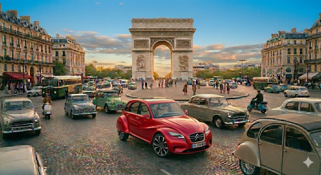 Concept-car Citroën 2CV moderne de couleur rouge vif stationné sur les pavés de la place de l'Étoile à Paris, avec l'Arc de Triomphe en arrière-plan