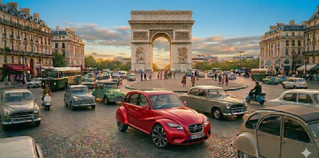 Concept-car Citroën 2CV moderne de couleur rouge vif stationné sur les pavés de la place de l'Étoile à Paris, avec l'Arc de Triomphe en arrière-plan