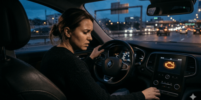 Conductrice inquiète regardant le témoin de diagnostic moteur orange allumé sur son tableau de bord la nuit.