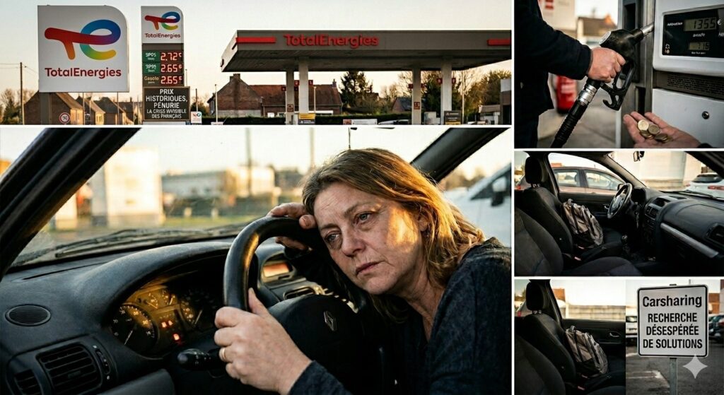 Une automobiliste française stressée et fatiguée au volant de sa voiture face à la hausse historique des prix du carburant dans une station-service.