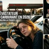 Une automobiliste fatiguée et anxieuse au volant de sa voiture dans une file d'attente à une station-service affichant des prix élevés.