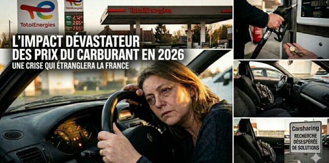Une automobiliste fatiguée et anxieuse au volant de sa voiture dans une file d'attente à une station-service affichant des prix élevés.