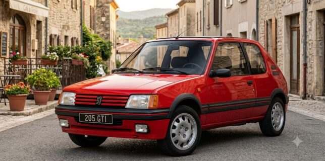 Une Peugeot 205 GTi rouge Youngtimer en état concours, symbole de la génération des moteurs TU PSA.