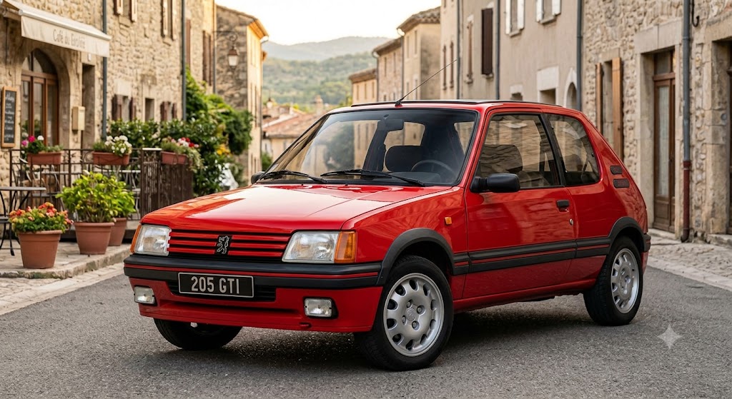 Une Peugeot 205 GTi rouge Youngtimer en état concours, symbole de la génération des moteurs TU PSA.