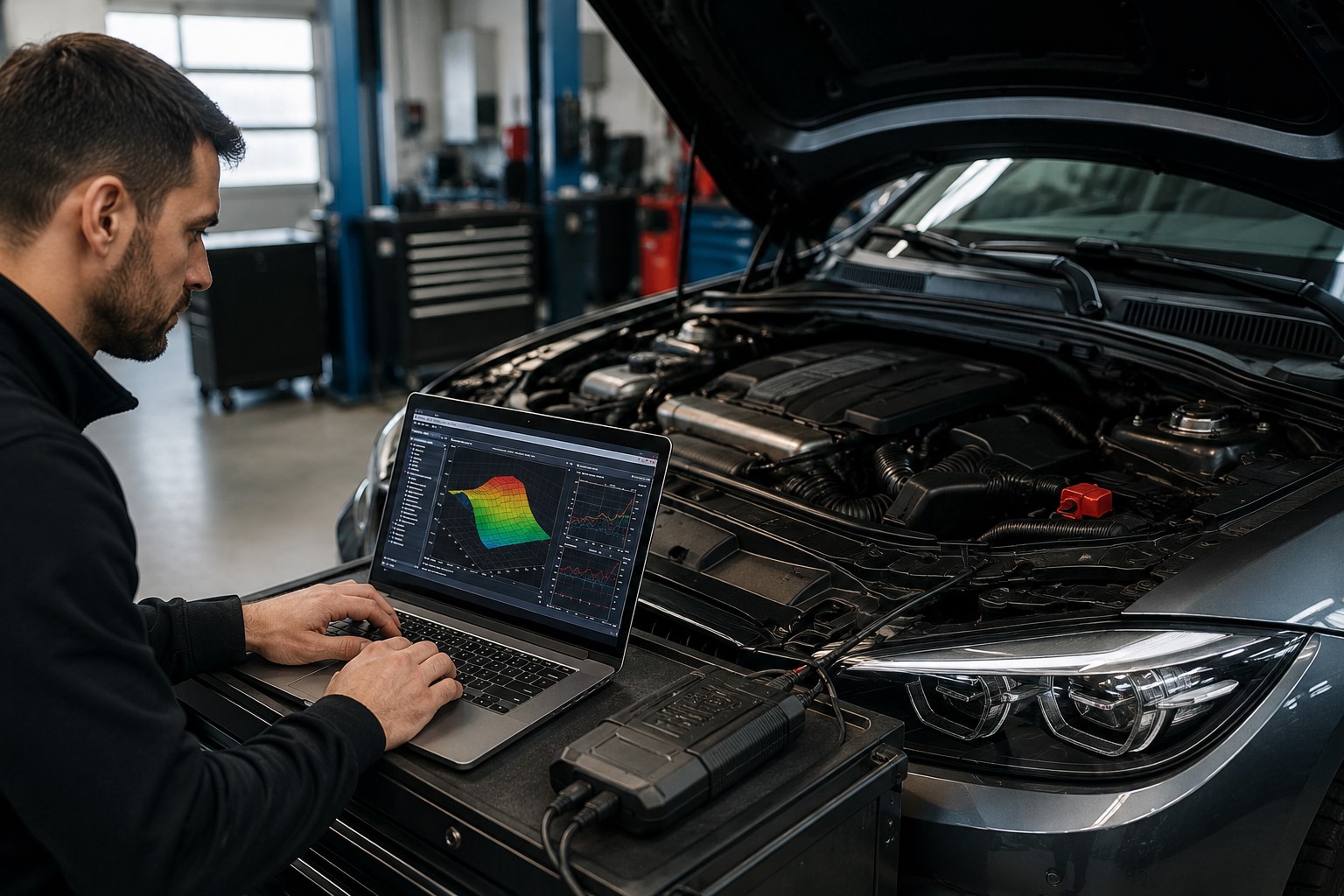 Technicien réalisant une reprogrammation moteur sur une voiture moderne à l'aide d'un logiciel de diagnostic