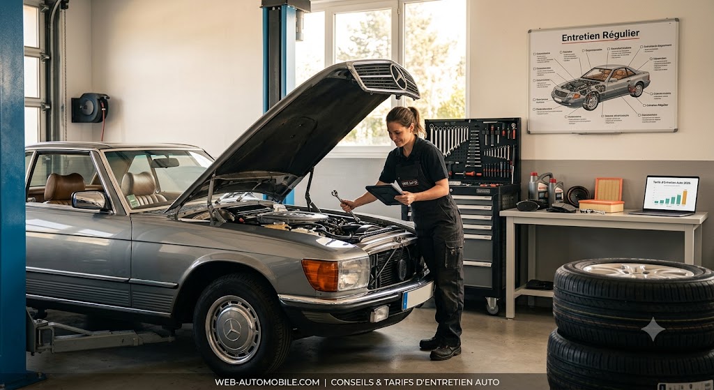 Mécanicienne consultant un devis d'entretien auto dans un atelier professionnel