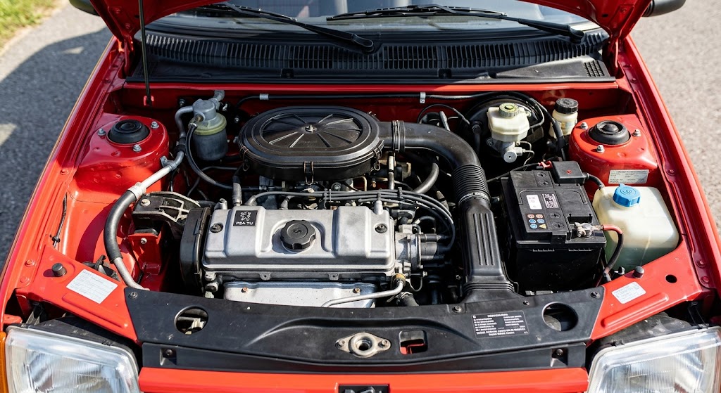 Compartiment moteur d'une Peugeot 205 Youngtimer abritant un moteur TU PSA essence parfaitement propre.