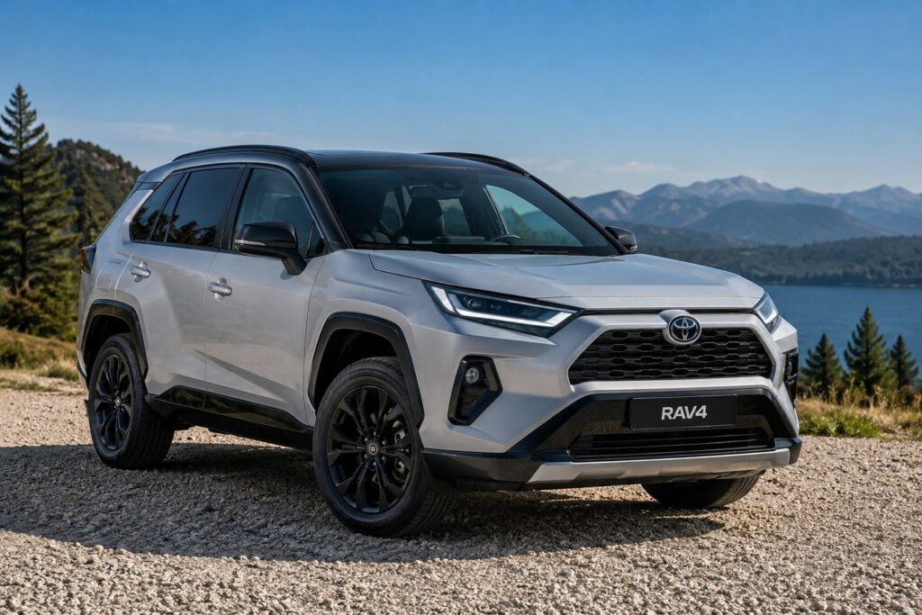 Toyota RAV4 2026 hybride stationné en montagne avec vue sur un lac et paysage naturel