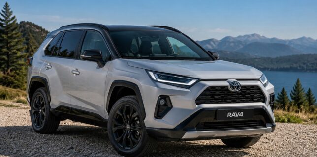 Toyota RAV4 2026 hybride stationné en montagne avec vue sur un lac et paysage naturel