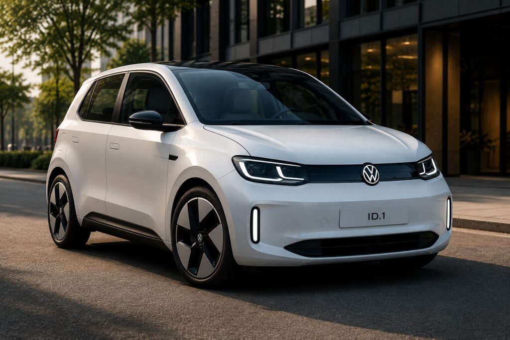 Volkswagen ID.1 2027, future citadine électrique de Volkswagen présentée dans un environnement urbain moderne