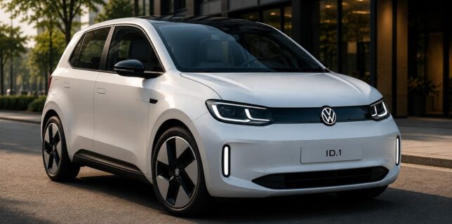 Volkswagen ID.1 2027, future citadine électrique de Volkswagen présentée dans un environnement urbain moderne