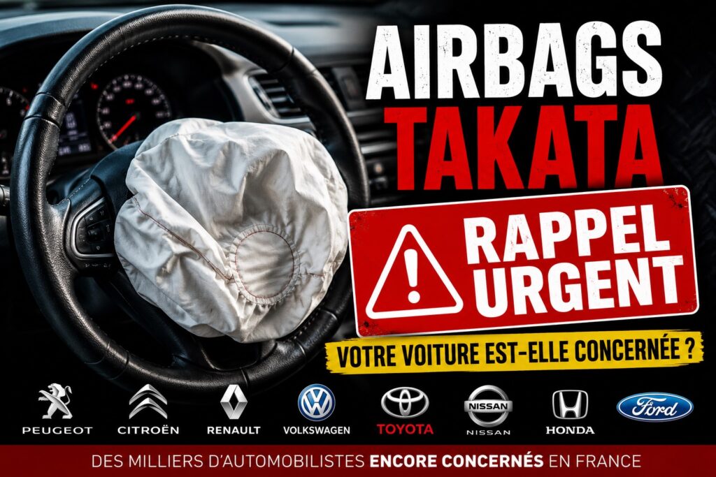 Airbags Takata : rappel urgent en France, airbag déployé dans un volant de voiture avec alerte sur les véhicules potentiellement concernés.
