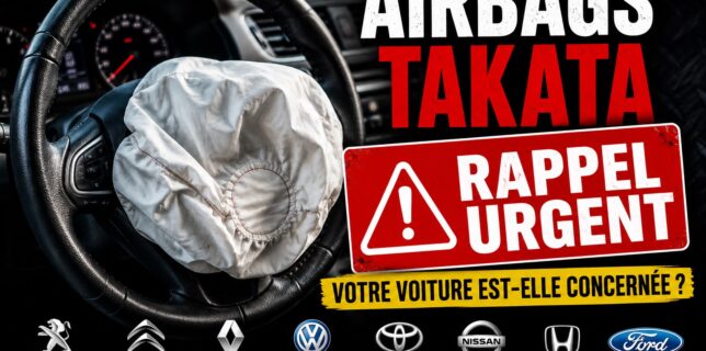 Airbags Takata : rappel urgent en France, airbag déployé dans un volant de voiture avec alerte sur les véhicules potentiellement concernés.