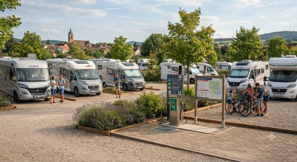Aire de stationnement pour camping-cars en Europe avec plusieurs véhicules.