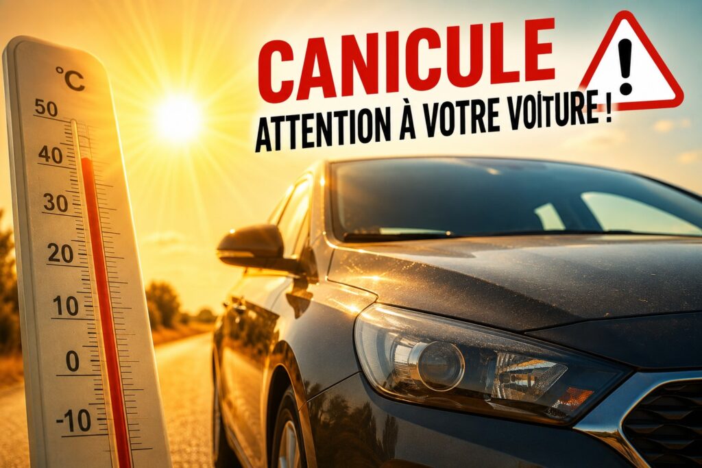 Illustration d'une voiture sous une forte chaleur avec un thermomètre et un message d'alerte canicule.