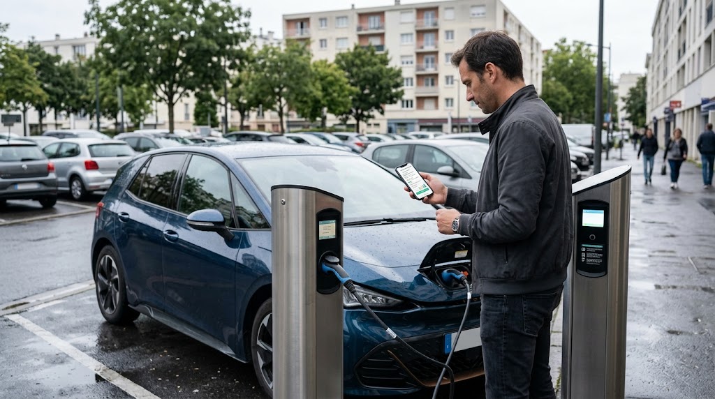 Géolocalisation des bornes de recharge publiques sur application Conducteur vérifiant les bornes de recharge disponibles sur son smartphone près d'une station en ville