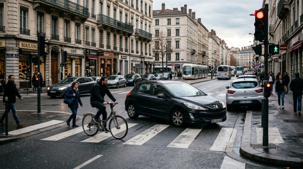 Un automobiliste franchit un feu rouge dans une rue en France