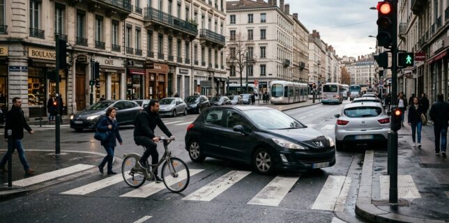 Un automobiliste franchit un feu rouge dans une rue en France