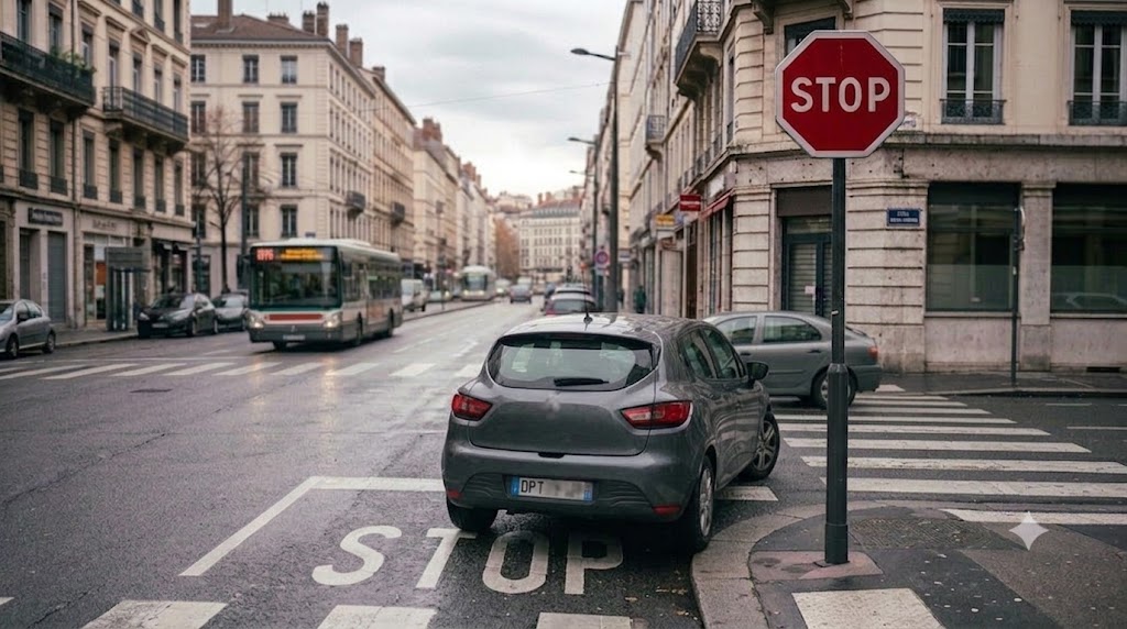 Une voiture ne marque pas complètement l'arrêt à un panneau STOP