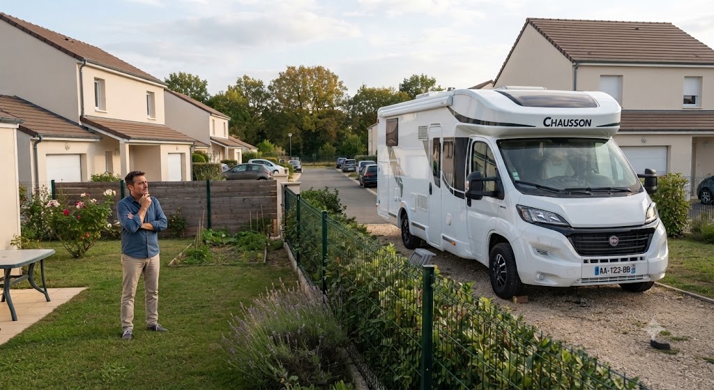 Camping-car stationné dans un jardin pouvant provoquer un conflit de voisinage.