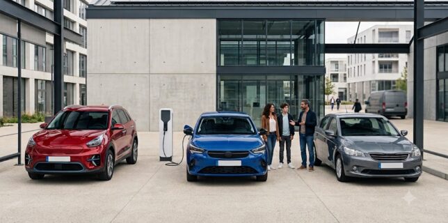 Trois voitures neuves de motorisations différentes stationnées devant un bâtiment moderne avec une borne de recharge