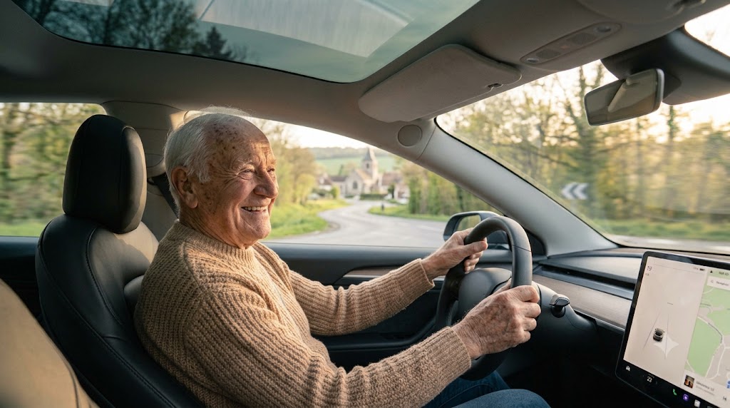 Conducteur satisfait au volant de sa voiture électrique Automobiliste senior souriant au volant d'une voiture électrique sur une route de campagne française