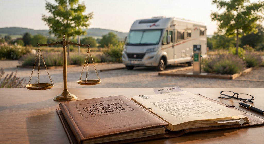 Balance de justice illustrant la réglementation applicable aux camping-cars et caravanes.