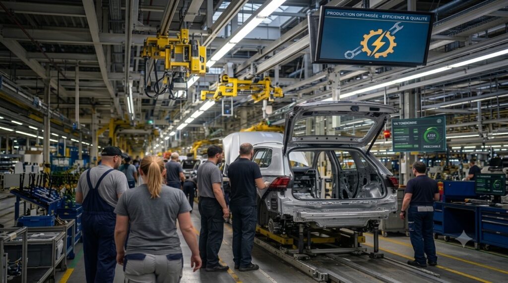 Ouvriers travaillant dans une usine automobile Volkswagen en Allemagne