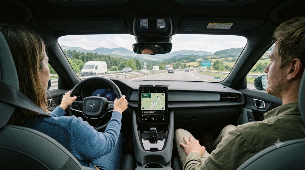 Test d'autonomie réelle et planification de trajet sur autoroute Vue depuis l'intérieur d'une voiture électrique roulant sur autoroute avec écran de navigation