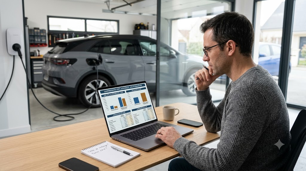 Simulation du budget et du coût d'utilisation d'un véhicule électrique Automobiliste consultant un simulateur de budget et de coût d'utilisation sur un ordinateur portable à côté de son véhicule