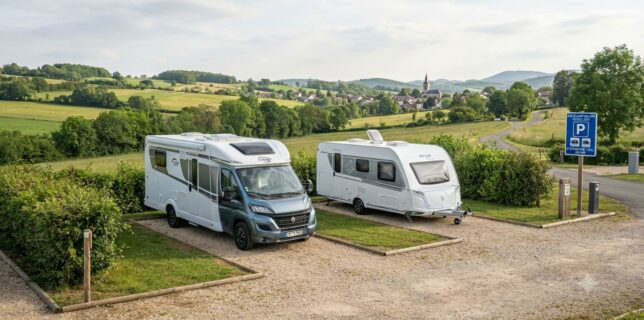 Camping-car et caravane stationnés sur une aire aménagée conformément à la réglementation française.