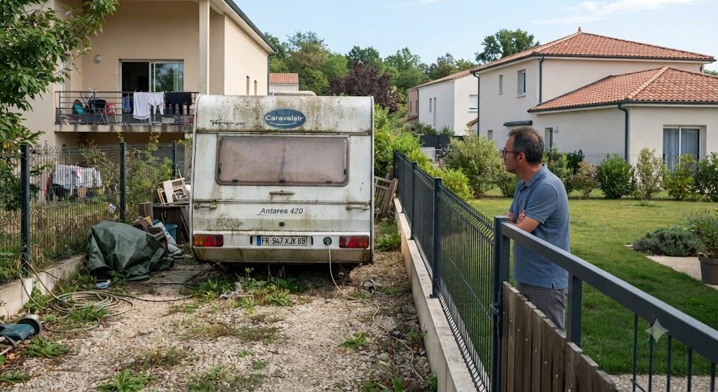 Voisin inquiet observant depuis son jardin une grande caravane blanche laissée à l'abandon sur un terrain privé, illustrant les litiges de voisinage et les règles de stationnement.