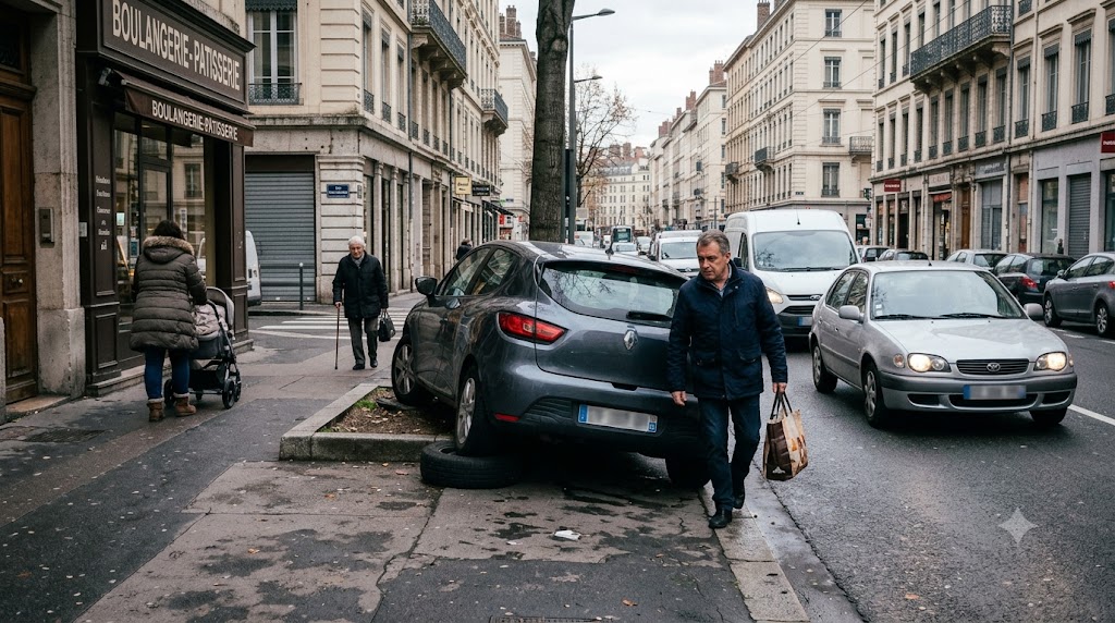 Une voiture stationnée sur un trottoir oblige un piéton à contourner le véhicule