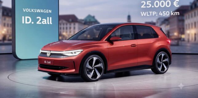Vue de trois-quarts avant du concept Volkswagen ID. 2all de couleur rouge, une citadine électrique compacte et polyvalente attendue pour 2027 avec une autonomie de 450 km.
