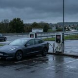 Voiture électrique devant des bornes de recharge abandonnées en France en 2040