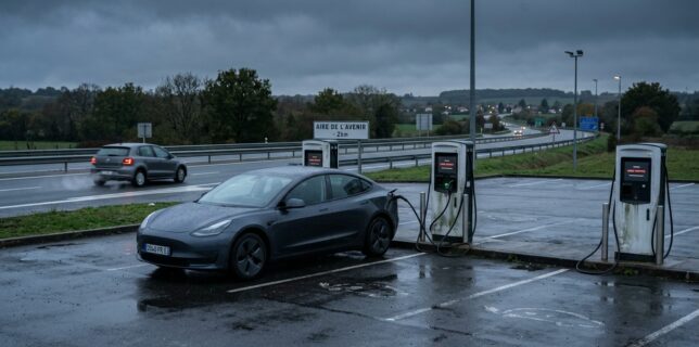 Voiture électrique devant des bornes de recharge abandonnées en France en 2040