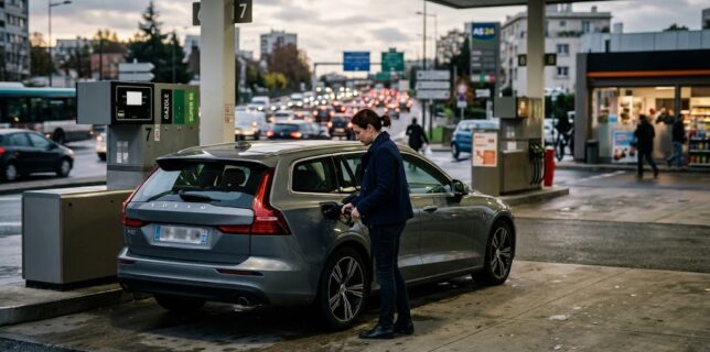 Automobiliste faisant le plein de carburant dans une station-service en période de circulation dense.