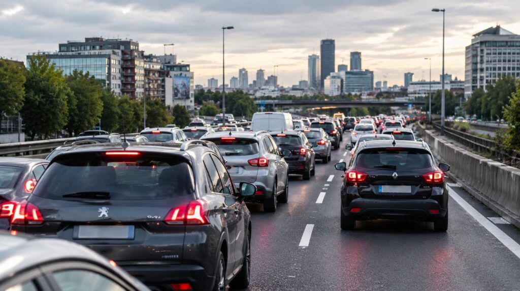 Embouteillage sur un axe routier urbain à l’heure de pointe.