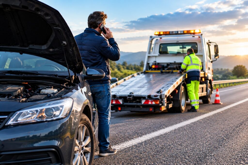 Voiture en panne sur le bord de la route en attente d’une dépanneuse
