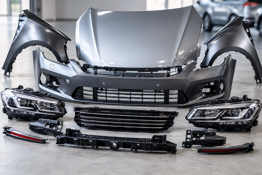 Avant d’une voiture présenté avec ses pièces de carrosserie détachées