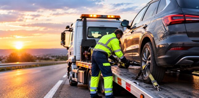 Dépanneur chargeant une voiture sur une dépanneuse pour son remorquage