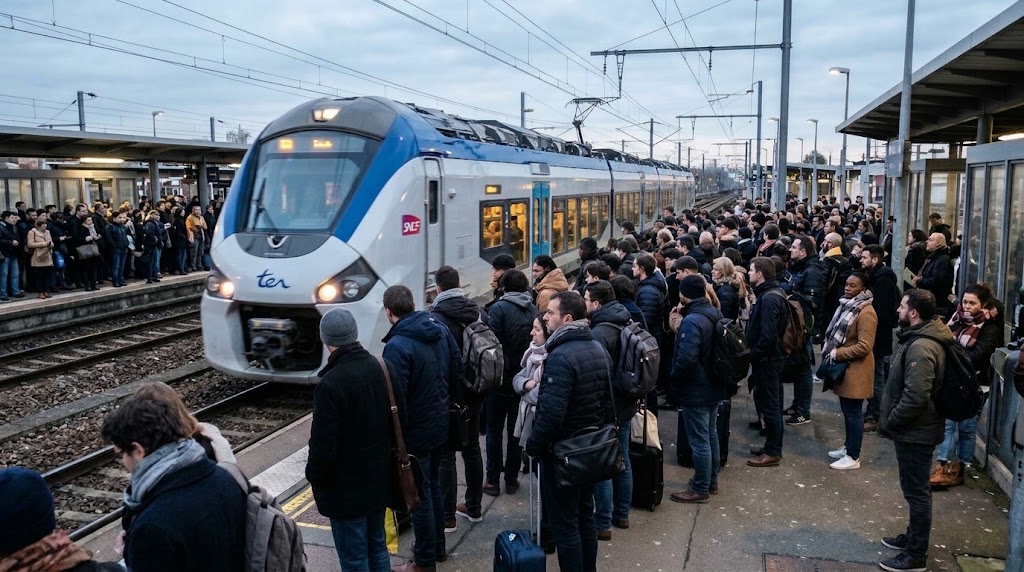 Voyageurs nombreux attendant un TER régional sur un quai de gare aux heures de pointe.