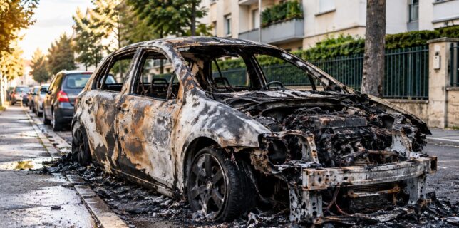 Voiture incendiée et entièrement brûlée stationnée dans une rue résidentielle